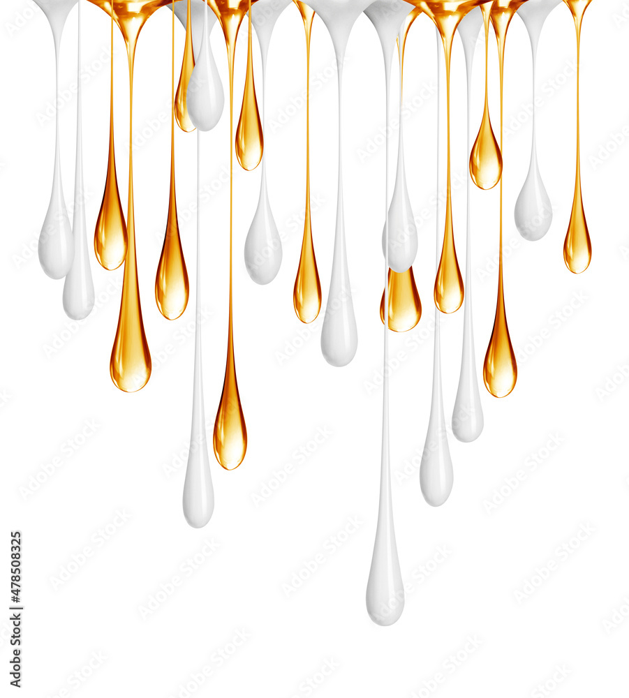 Milky and oily stretched drops isolated on a white background