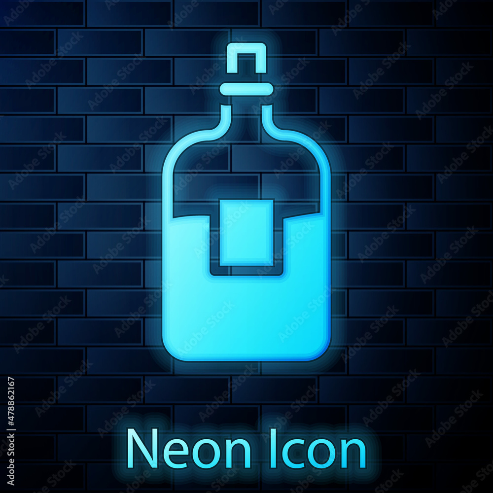 Glowing neon Glass bottle of vodka icon isolated on brick wall background. Vector