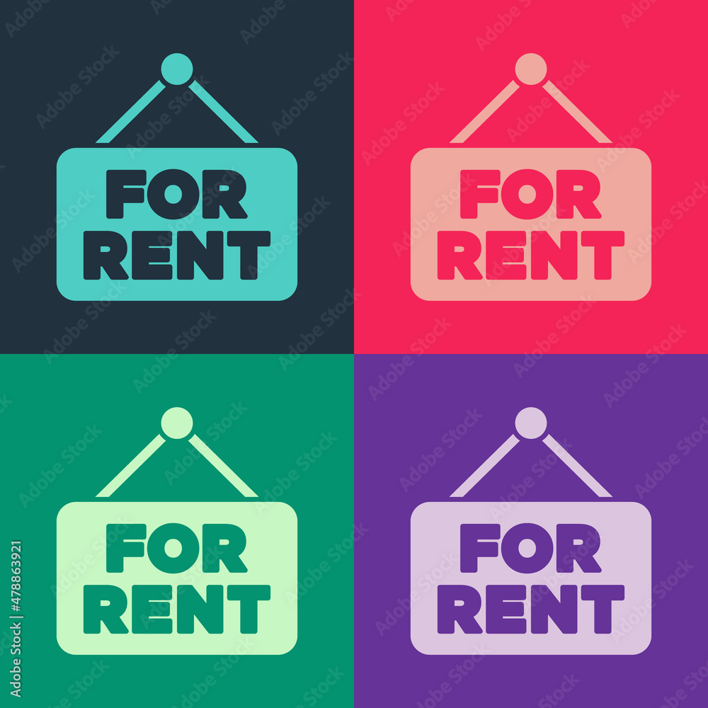 Pop art Hanging sign with text For Rent icon isolated on color background. Signboard with text For R