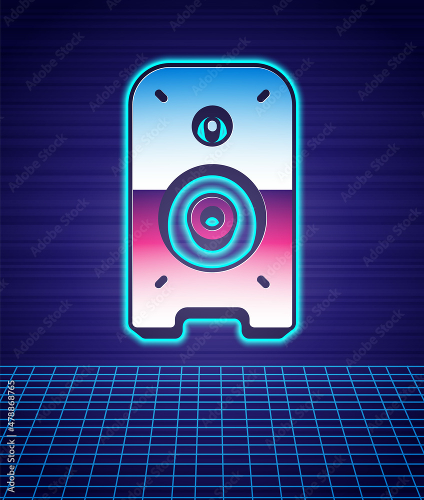 Retro style Stereo speaker icon isolated futuristic landscape background. Sound system speakers. Mus