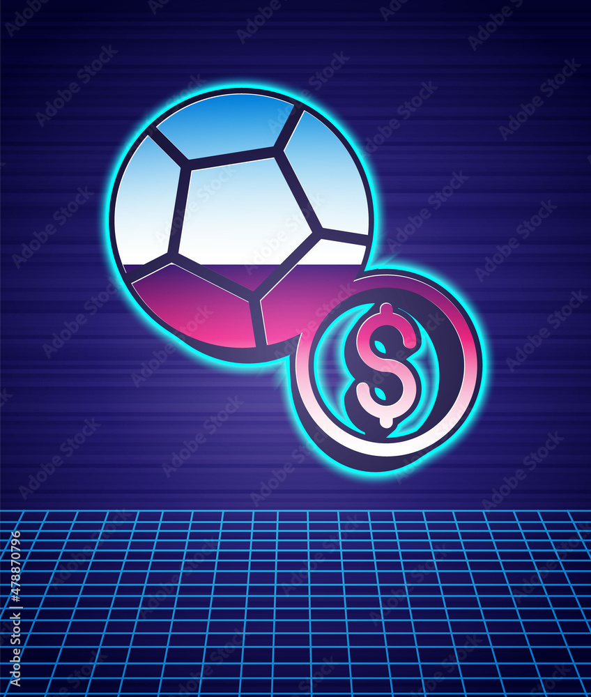 Retro style Soccer football ball icon isolated futuristic landscape background. Sport equipment. 80s