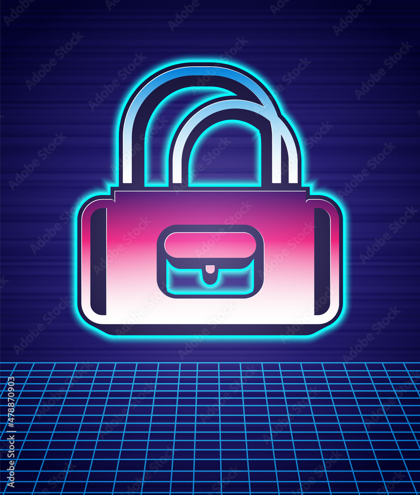 Retro style Sport bag icon isolated futuristic landscape background. 80s fashion party. Vector