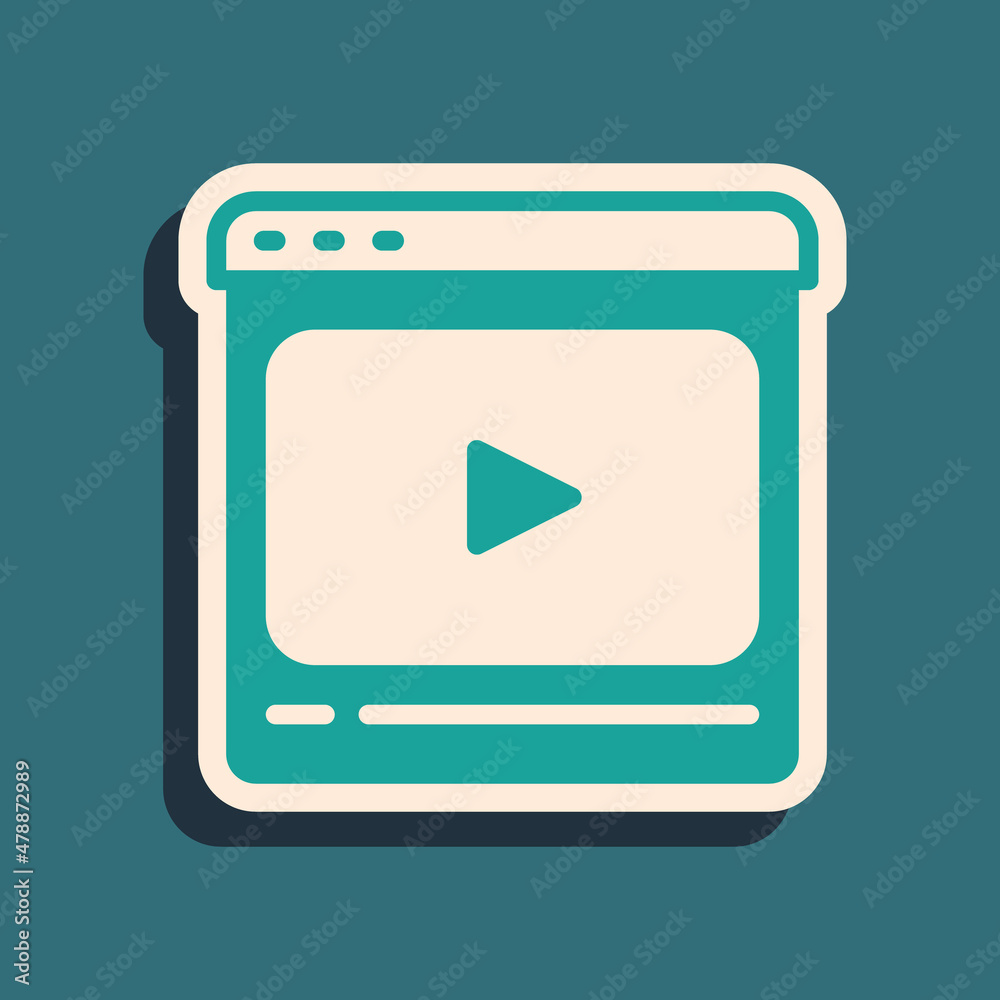 Green Online play video icon isolated on green background. Film strip with play sign. Long shadow st