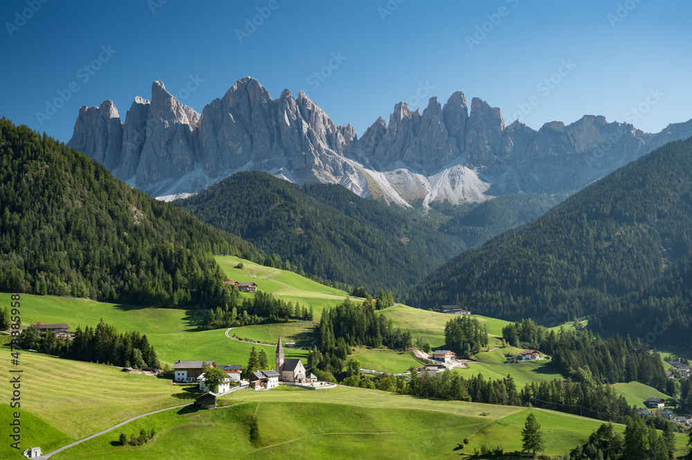 Dolomites in Funes, Santa Maddalena village, Italy