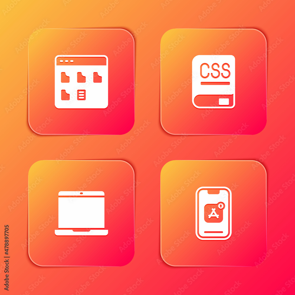 Set Browser files, Books about programming, Laptop and Mobile Apps icon. Vector