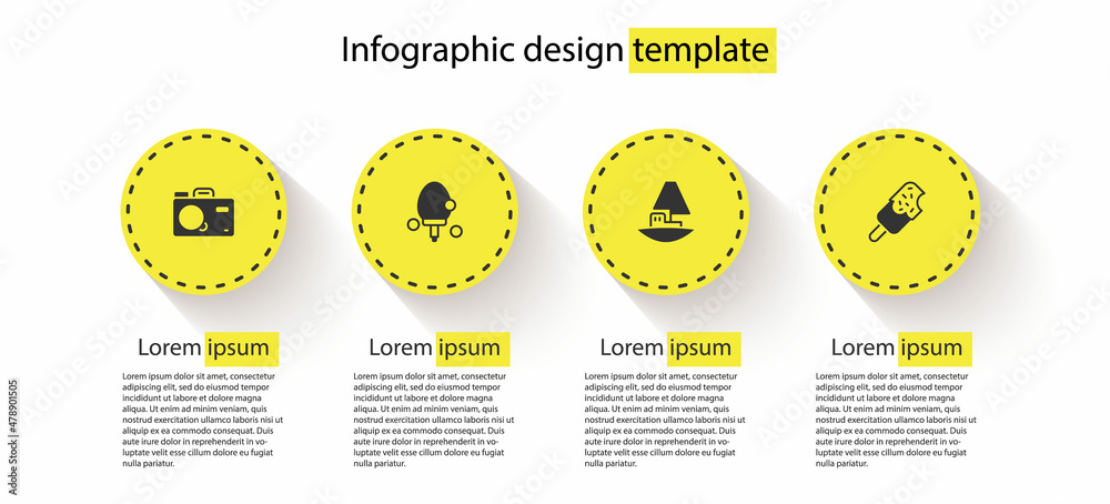 设置照片相机、支架、玩具船和冰淇淋。商业信息图形模板。矢量