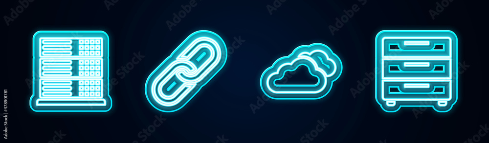 Set line Server, Data, Web Hosting, Chain link, Cloud and Furniture nightstand. Glowing neon icon. V