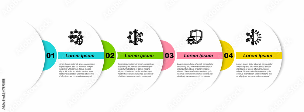 Set line UV protection, Sun and snowflake, and . Business infographic template. Vector