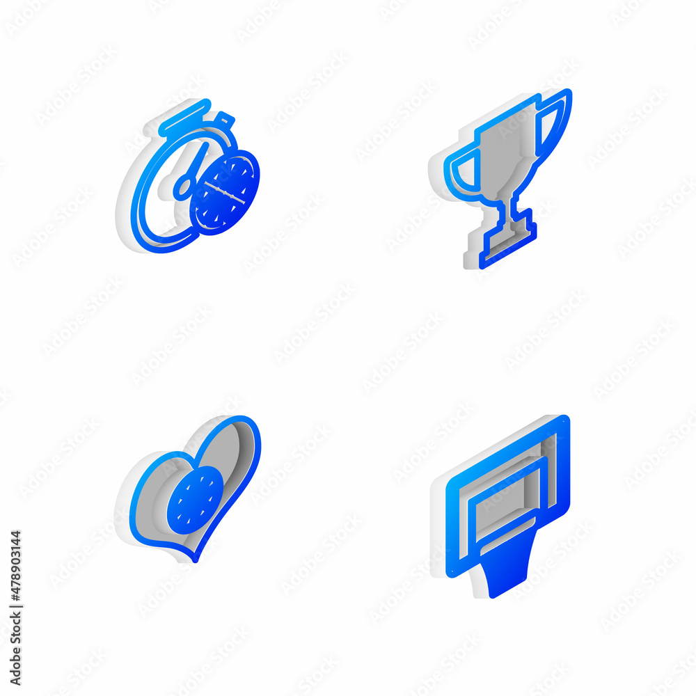 Set Isometric line Award cup, Stopwatch with basketball ball, Heart and Basketball backboard icon. V