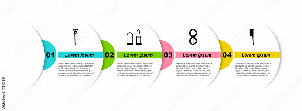定格化妆刷，口红，带镜子和发刷的化妆粉。商业信息图形模板.Ve