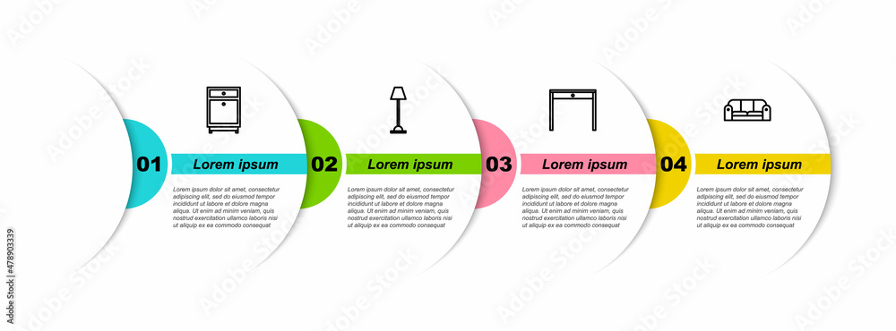 成套家具床头柜、落地灯、木桌和沙发。商业信息图模板。Vec