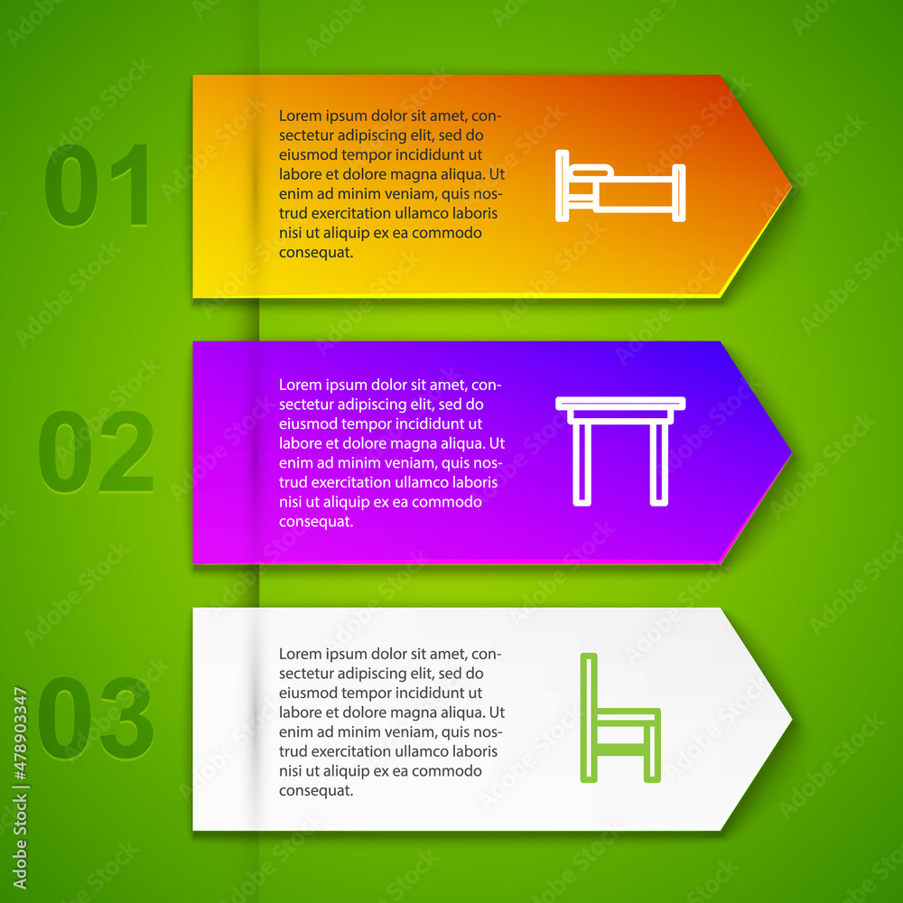 Set line Bed, Wooden table, Chair and Furniture nightstand. Business infographic template. Vector