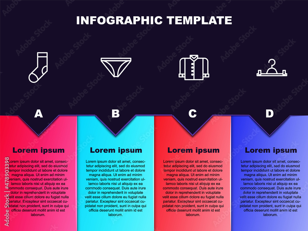 套装袜子，男士内裤，T恤和衣架衣柜。商业信息图模板。矢量