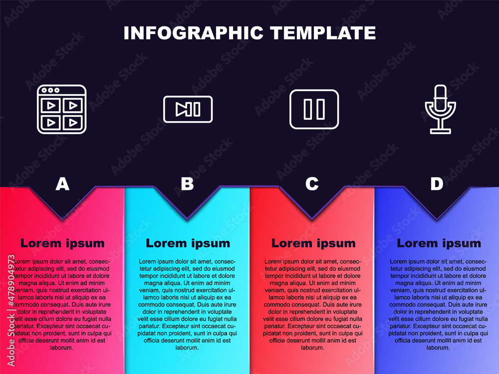 设置行音乐播放列表、暂停按钮和麦克风。商业信息图模板。矢量