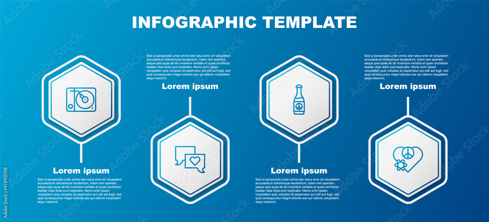 Set line Vinyl player, Speech bubble chat, Beer bottle and Love peace. Business infographic template