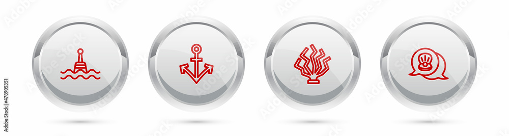 Set line Floating buoy, Anchor, Coral and Scallop sea shell. Silver circle button. Vector