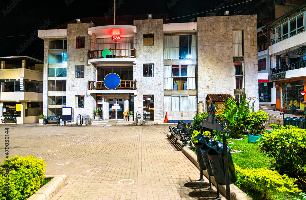 Central square of Aguas Calientes near Machu Picchu in Peru at night