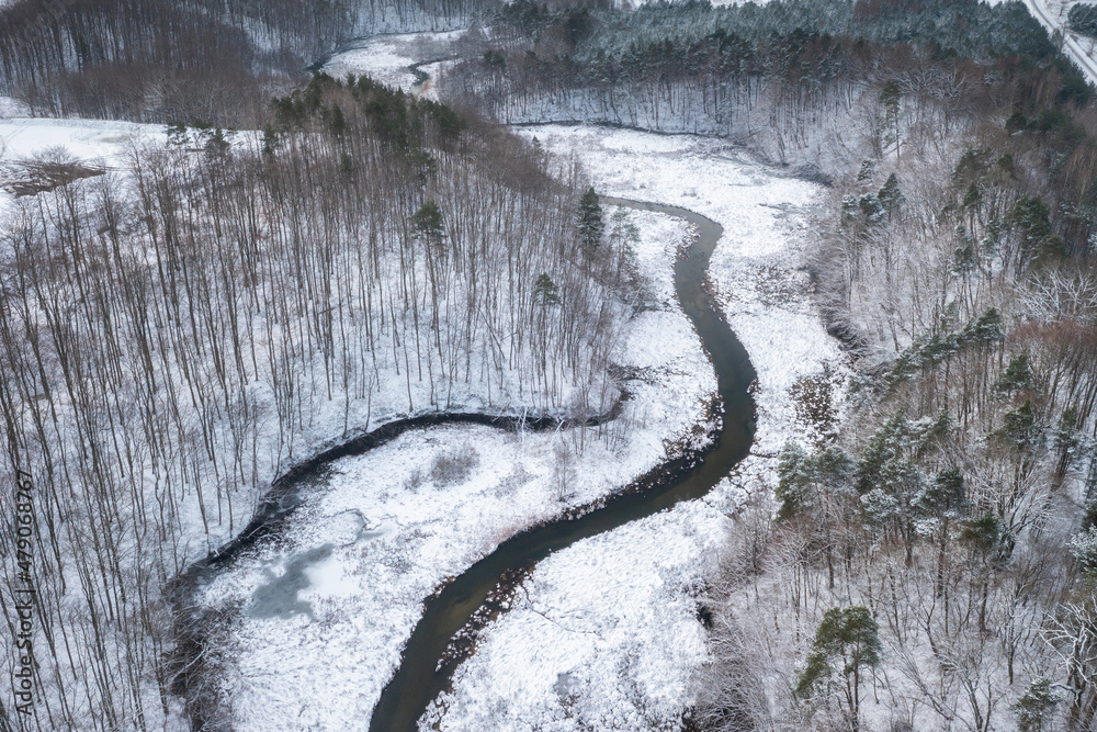 Winter scenery of the Radunia river meanders, Kashubia. Poland