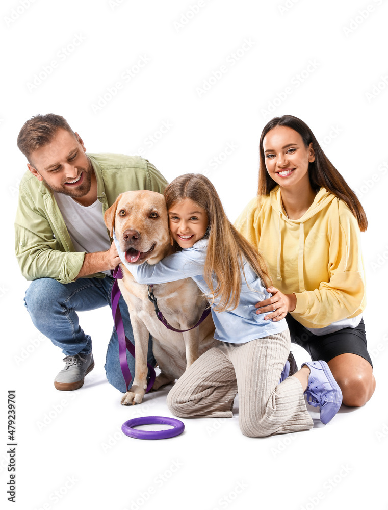 Happy parents with little daughter and cute Labrador dog on white background