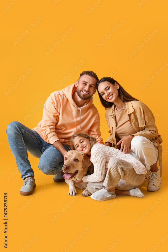 Happy parents with little daughter and cute Labrador dog on yellow background