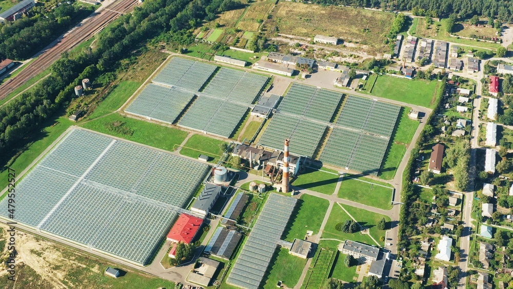 Aerial View Greenhouses For Growing Flowers, Vegetables And Fruits. Agricultural And Industrial Buil