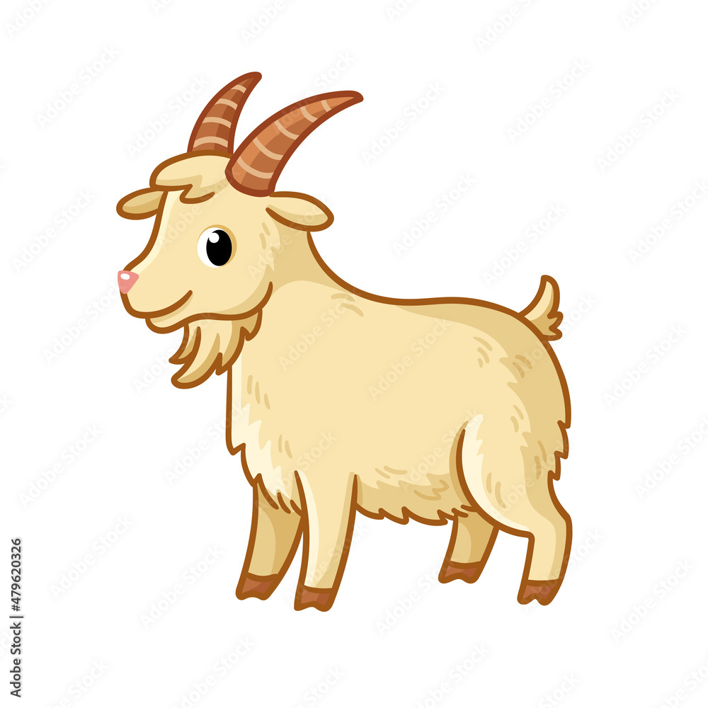 Cute cartoon male goat stands on a white background. Vector illustration with a pet.