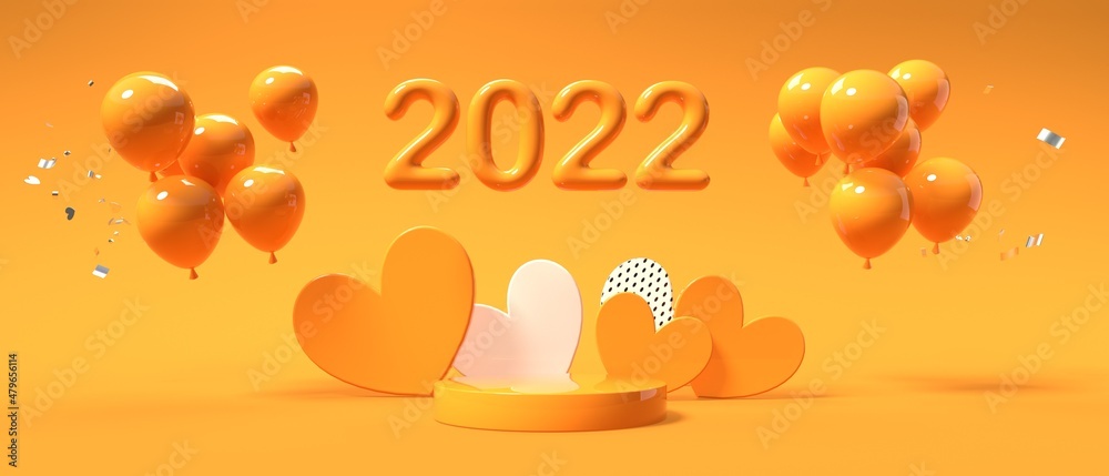 2022年庆祝主题与气球的心-3D渲染