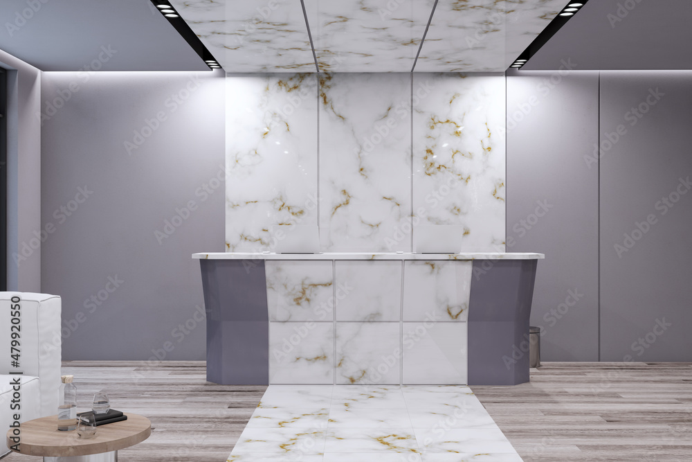 Modern office lobby interior with wooden flooring, marble desk and gray walls. Workplace and waiting