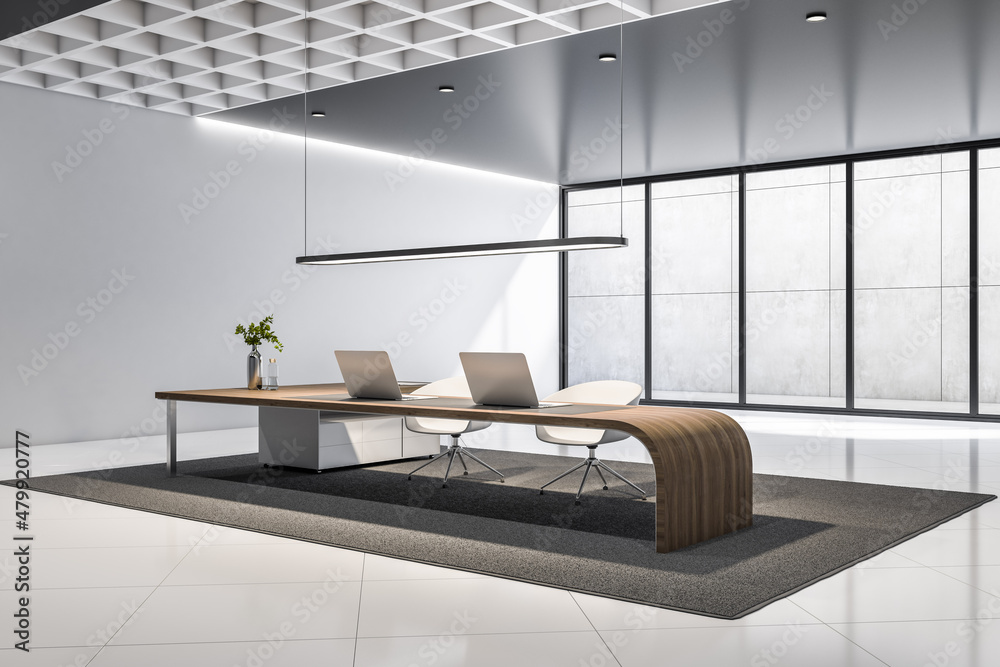 Luxury office interior with window and city view, concrete walls and floor, furniture, equipment and