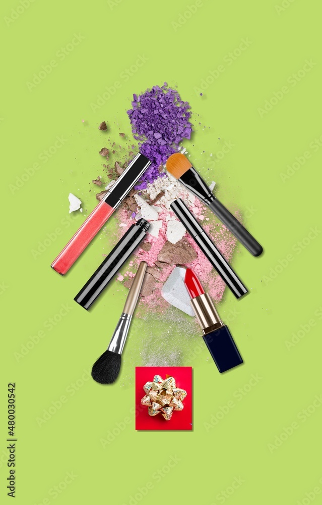 A creative inspirational idea of red lipstick with the shape of a Christmas tree. Fashion, makeup or