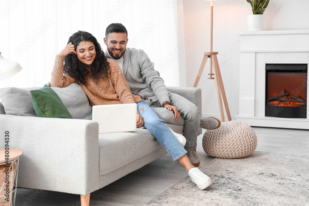 Happy young couple with laptop sitting on sofa at home