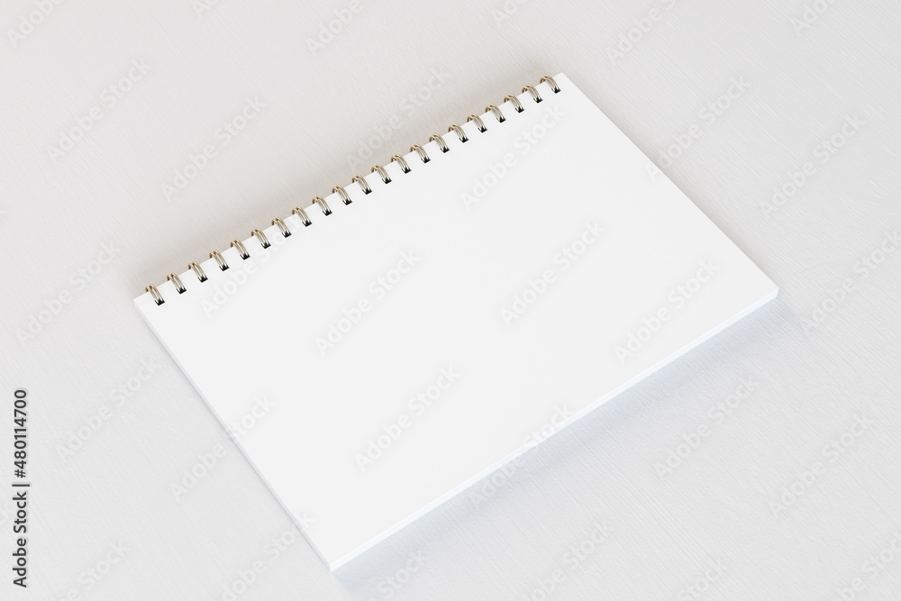 Close up of empty white spiral notepad on light desktop background. Mock up, 3D Rendering.