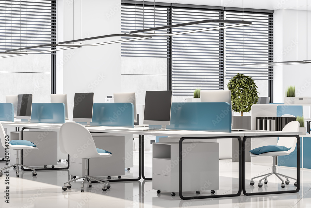 White coworking concrete office interior with window and city view, furniture, equipment and other o