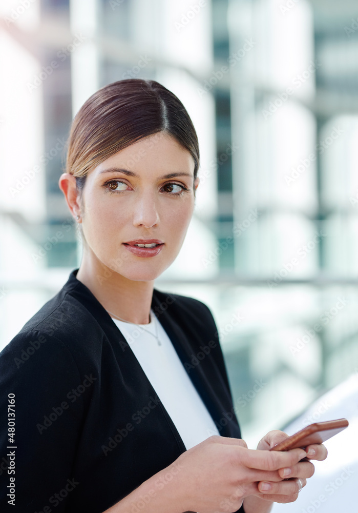 Wondering if that text will work.... Cropped shot of an attractive young businesswoman looking thoug