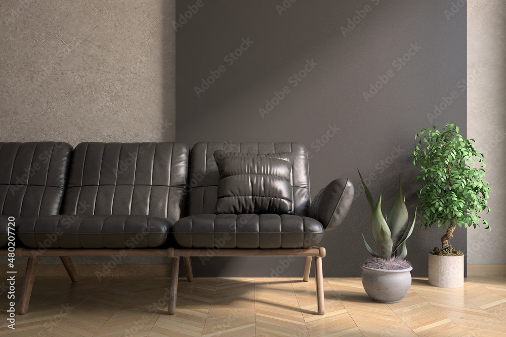 Industrial style living room with modern furniture. Loft interior design. 3D illustration