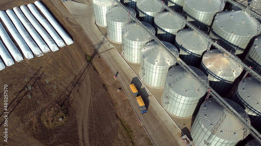 Truck Filled Yellow Grain Drives Near New Metal Modern Grain Elevator on Sunny Day. Aerial Drone Vie