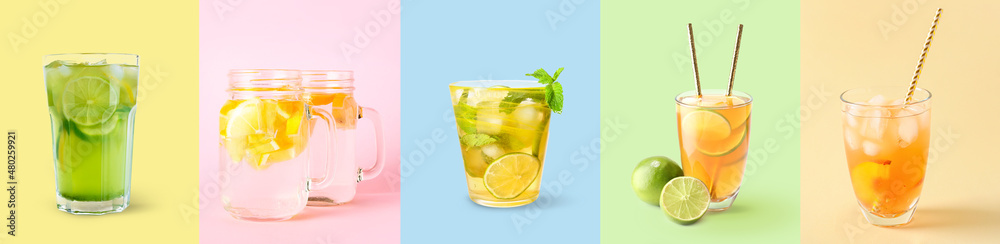 Assortment of fresh lemonade on color background