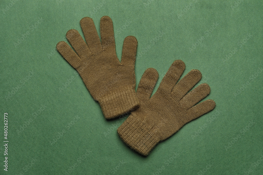 Pair of warm gloves on green background