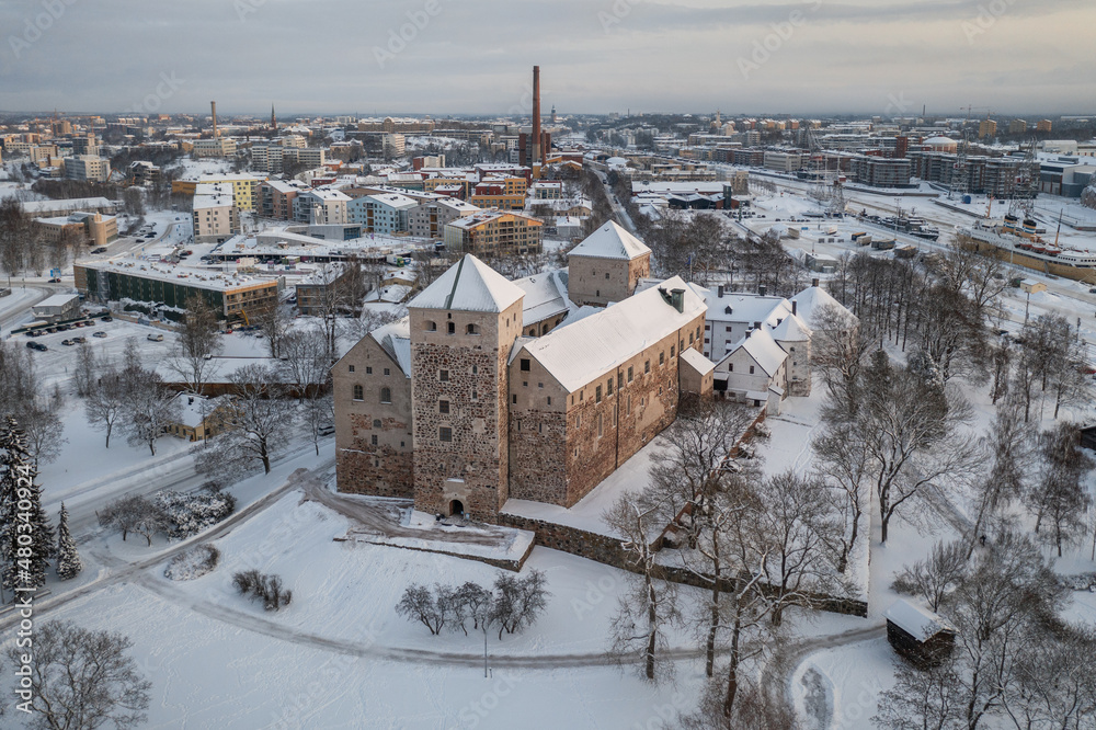 Aerial view of Turku, Castle in winter in Turku, Finland