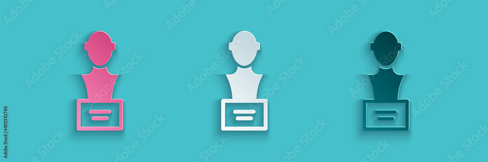 Paper cut Gypsum head sculpture bust icon isolated on blue background. Paper art style. Vector