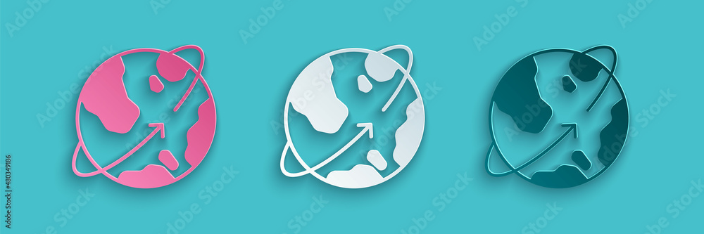 Paper cut Artificial satellites orbiting the planet Earth in outer space icon isolated on blue backg