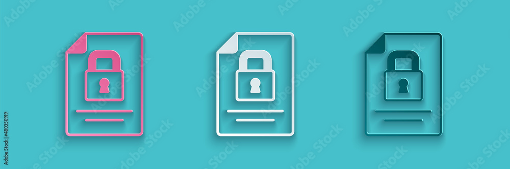 Paper cut Document and lock icon isolated on blue background. File format and padlock. Security, saf