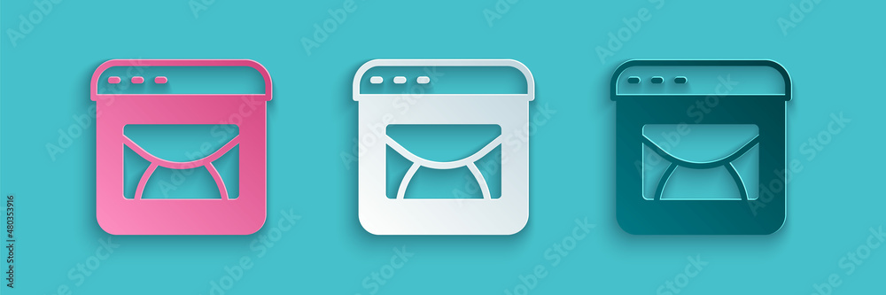 Paper cut Mail and e-mail icon isolated on blue background. Envelope symbol e-mail. Email message si