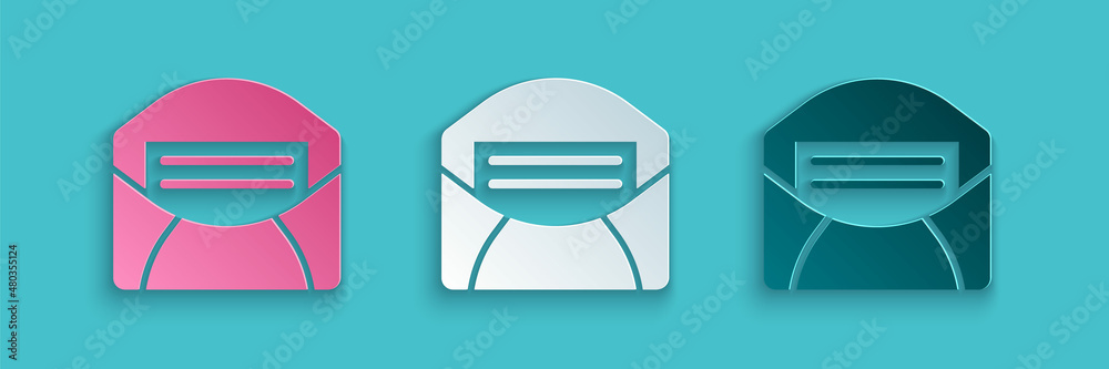 Paper cut Mail and e-mail icon isolated on blue background. Envelope symbol e-mail. Email message si