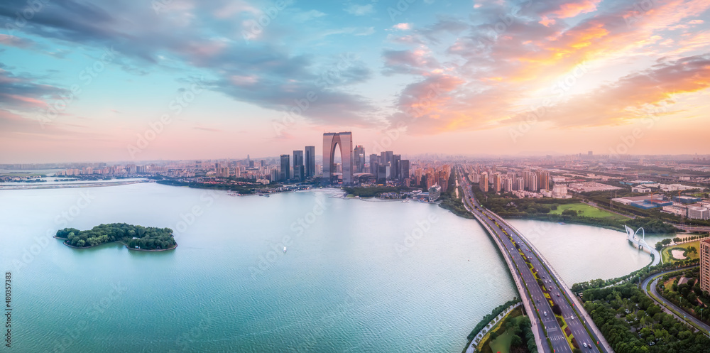 航拍中国苏州现代城市景观夜景