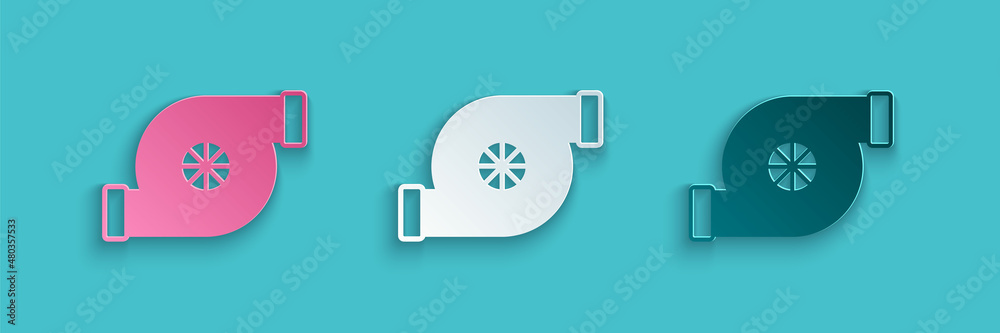 Paper cut Automotive turbocharger icon isolated on blue background. Vehicle performance turbo. Turbo