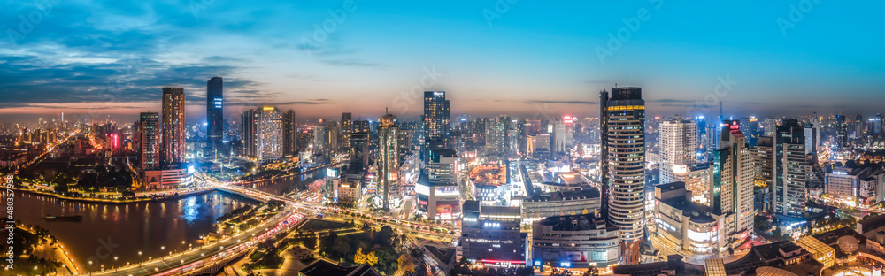 航拍中国宁波现代城市景观夜景