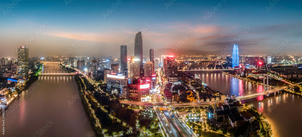 航拍中国宁波现代城市景观夜景