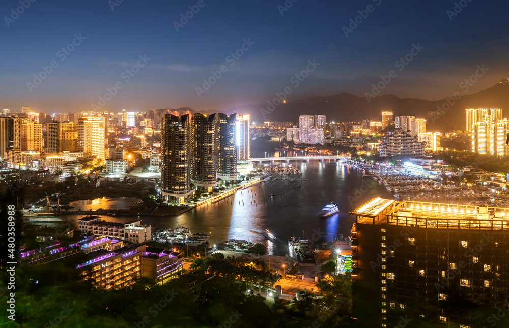 航拍中国三亚现代城市夜景