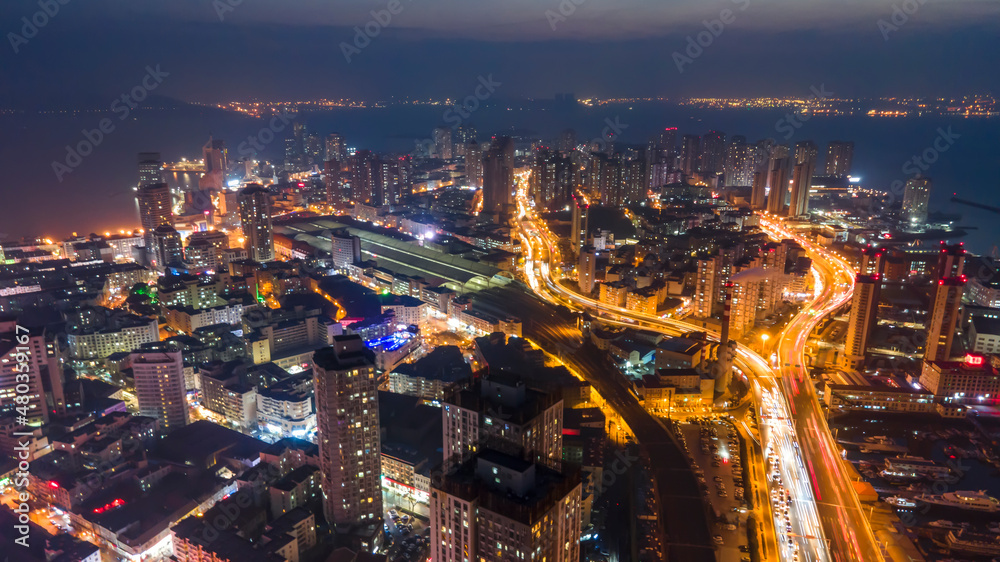 中国青岛现代城市建筑航拍夜景